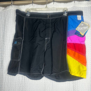 New With Tags Vintage Mens Sundek Tactel Black Rainbow Surf Board Shorts Size 40